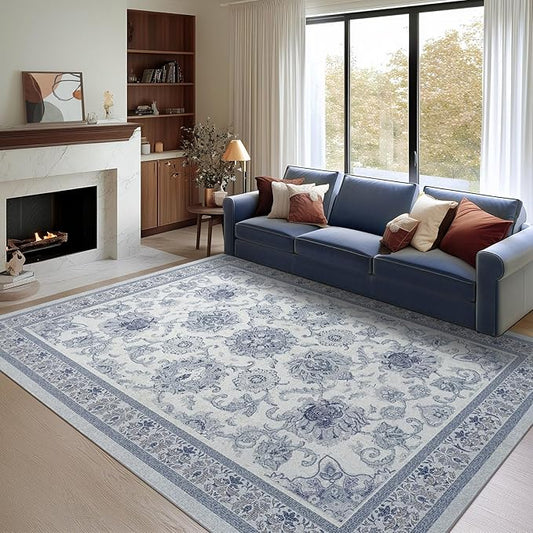 Phantoscope Vintage Collection Area Rug 6'x9' - Washable Rug Boho Rugs Non-Slip for Living Room, Bedroom, Dining Room, Dorm, Indoor Low-Pile Carpet Distressed Accent Rug, Blue/White