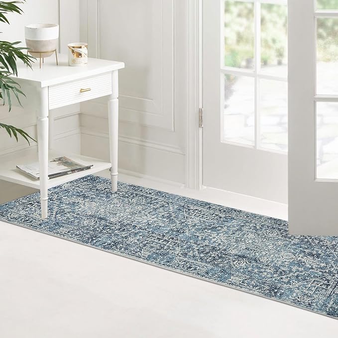 Morebes Vintage Runner Rugs for Hallway 2x6, Blue Washable Kitchen Runner Rug Non-Slip, Distressed Soft Low Pile Non-Shedding Indoor Floor Carpet for Entryway Bathroom Bedroom