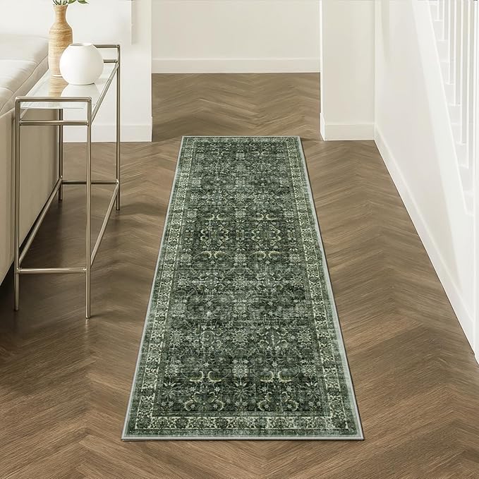Anidaroel Runners for Hallways 2x6 Non Slip, Washable Kitchen Runner Rug, Vintage Boho Bathroom Runner Rug, Soft Indoor Throw Carpet Runner for Laundry Room Entryway, Dark Green