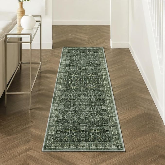 Anidaroel Runners for Hallways 2x6 Non Slip, Washable Kitchen Runner Rug, Vintage Boho Bathroom Runner Rug, Soft Indoor Throw Carpet Runner for Laundry Room Entryway, Dark Green