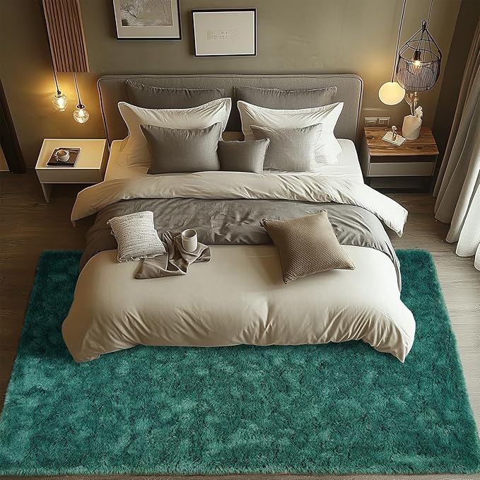 Zentavio Emerald Green Rugs for Bedroom 5x8 Dark Green Area Rugs for Living Room Fluffy Fake Grass Large Carpet for Kids Room Playroom Furry Shag Aesthetic Soft High Pile Washable Home Decor