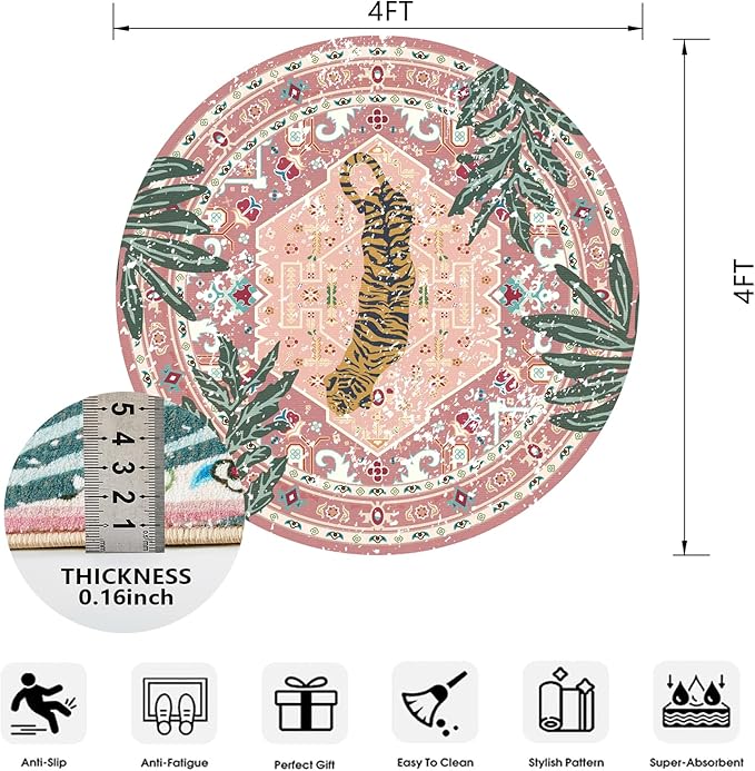 Washable Pink Rugs Thin Oriental Boho Vintage Cute Tropical Leopard 4ft Round Area Rugs for Bedroom Kitchen Dining Living Room Office Indoor Entryway Distressed Nursery Circle Carpet