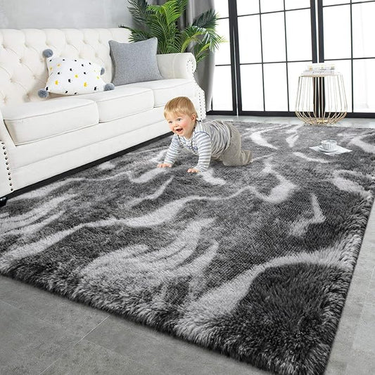 TWINNIS Super Soft Shaggy Rugs Fluffy Carpets, 6x9 Feet, Indoor Modern Plush Area Rugs for Living, Bed Room Kids Room Nursery Home Decor, Upgrade Anti-Skid Rectangular Fuzzy Rug, Black Grey