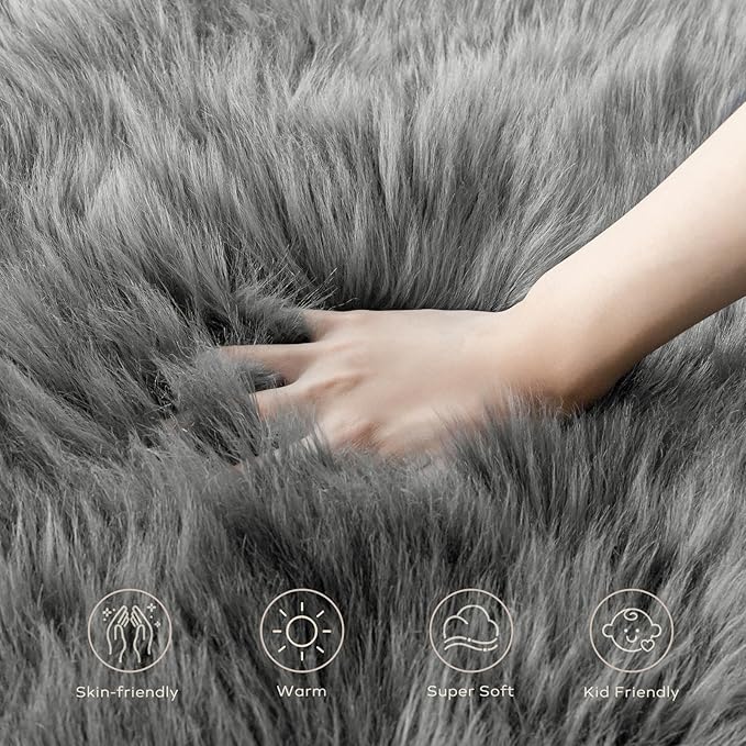 Ashler Faux Fur Rug - Fluffy Shaggy Area Rug, Ultra Soft 3x3 Feet, Dark Grey, Machine Washable, Perfect for Nursery, Bedroom, Living Room