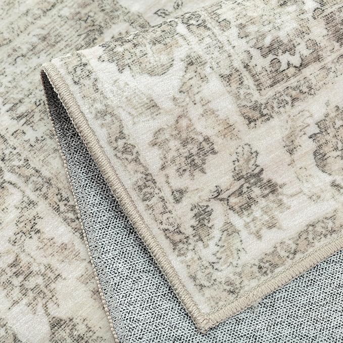 2x6 Washable Neutral Runner Rug Taupe Hallway Kitchen Non-Slip Low Pile Floral Carpet Vintage Soft Thin Throw Rug for Bathroom Bedroom Entryway Laundry Dining Room