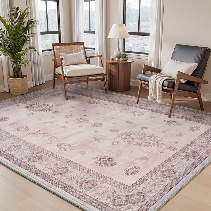 AMOAMI-Vintage Area Rug 3x5 Pink Rugs for Living Room-Soft Washable Rug Non Slip Entryway Rug Indoor Vintage Throw Accent for Bedroom Laundry Room Dining Bathroom Bedside