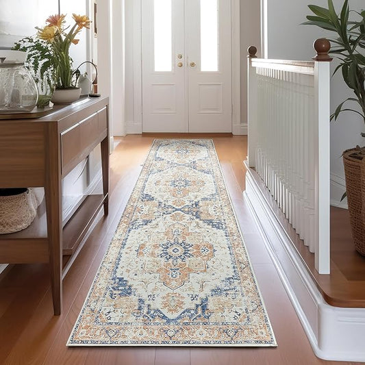 jinchan Runner Rug 2x8 Hallway Rug Kitchen Washable Runner Vintage Mat Retro Print Lightweight Non-Slip Floor Cover Distressed Thin Carpet for Entryway Bathroom Bedroom Laundry Room Stairway Orange