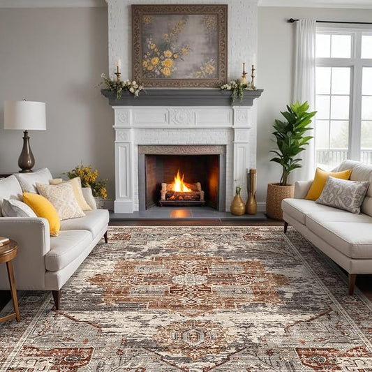 RUUGME 10x12 Washable Area Rug - Stain Resistant Carpet Soft Area Rugs for Living Room Vintage Lightweight Rugs for Bedroom with Non Slip Backing Indoor Ultra-Thin Rugs Home Decor 10x12 Brick