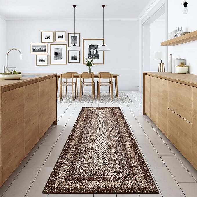 Washable Runner Rug 2x6 Bathroom Rugs Dark Brown Modern Printed Braided Bedroom Rug Non Slip Geometric Kitchen Rugs Stain Resistant Carpet for Laundry 2'x6' Dark Brown