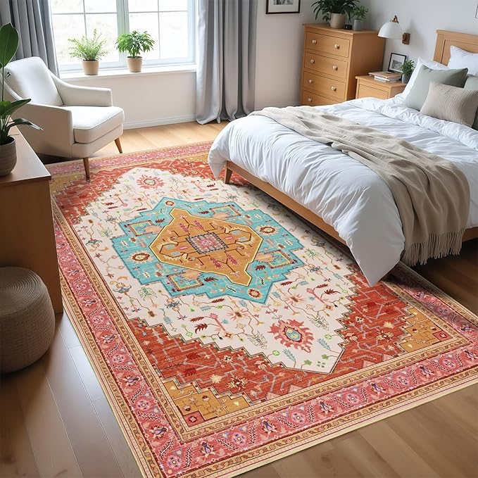4x6 Orange Pink Area Rug for Living Room, Machine Washable Rugs with Non-Slip Backing for Bedroom, Vintage Medallion Carpet Kitchen Laundry Kids Room Decor
