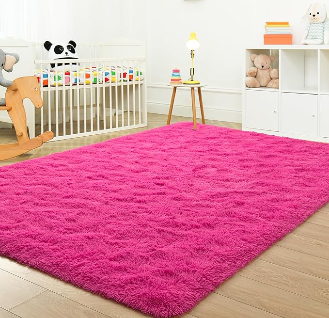 Tepook Super Soft Fluffy Rug for Bedroom, Modern Shaggy Rug Fuzzy Kids Rug for Living Room, Plush Indoor Nursery Home Decor Rug with Non-Slip Bottom, Hot Pink, 5 X 8 Feet