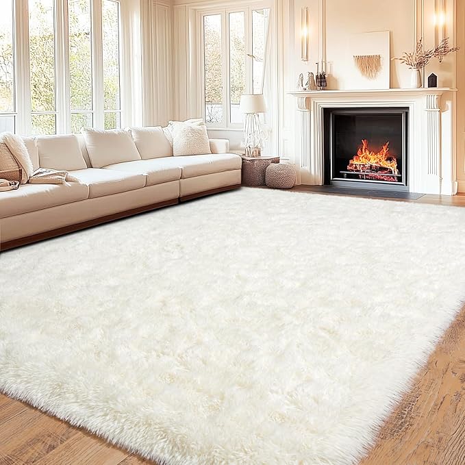 8x10 Area Rugs for Living Room, Ultra Soft Fluffy Shag Floor Carpet, Modern Indoor Plush Fuzzy Rugs for Bedroom Kids Room Nursery Dorm Home Decor Aesthetic, Cream White
