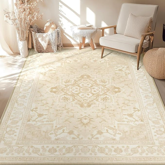 BESTSWEETIE 5x7 Area Rugs for Living Room, Washable Ultra Soft Boho Vintage Print Pattern Rug Non Slip Low Pile Carpet for Dining Room Bedroom Entryway Indoor-Light Coffee