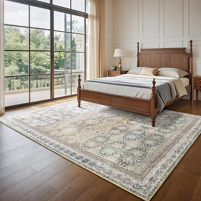 4x6 Area Rug for Bedroom Machine Washable, Non Slip Vintage Floral Kitchen Rugs for Dining Room, Rustic Indoor Floor Carpet for Nursery, Farmhouse, Office Classroom Beige/Pink/Orange