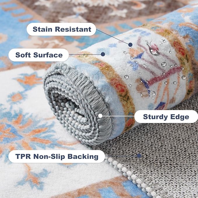 4x6 Washable Area Rug for Bedroom, Blue Boho Non-Slip Living Room Rugs, Moroccan Floral Trellis Carpet Soft Low Pile Accent Indoor Mat for Bedside Kitchen Laundry Room