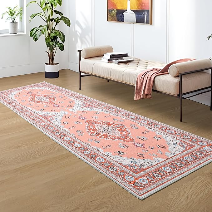 Tepook 2x6 Vintage Runner Rug - Low Pile Washable Non-Slip Carpet for Hallway, Kitchen, Bedroom, Entryway, Laundry Room, Bathroom - Indoor Throw Rug in Red