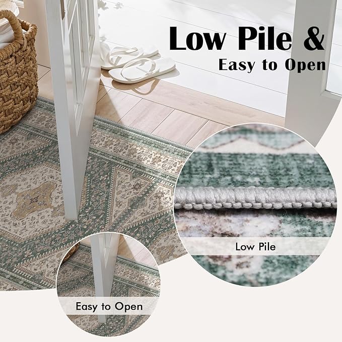 2x5 Runner Rug for Hallway Washable: Non Slip Kitchen Rugs with Rubber Backing Soft Waterproof Mats Stain Resistant Indoor Vintage Carpet Runner for Bedroom Bathroom Laundry Entryway Green/Beige