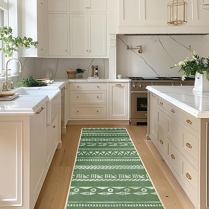 Runners for Hallways Kitchen Runner Rug Non Slip 2x10 Long Washable Runner Rugs Tear and Stain Resistance, Hand Woven Style, No Pile, Printed Rug for Hallways, Kitchen, Bedroom- Green