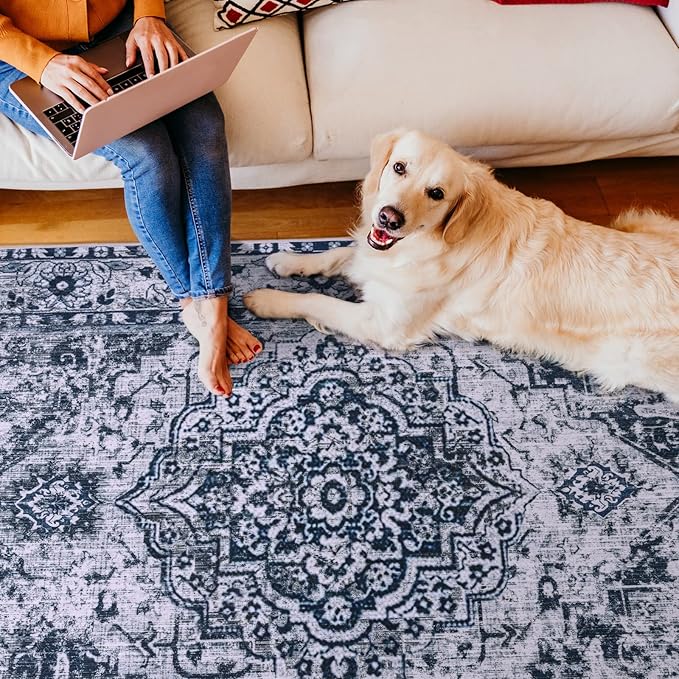 YJ.GWL Large Area Rug for Living Room, 5x8 Machine Washable Boho Rug for Bedroom, Low Pile Lightweight Thin Rugs Floral Vintage Distress Print Pattern Carpet for Dining Room, Blue/White