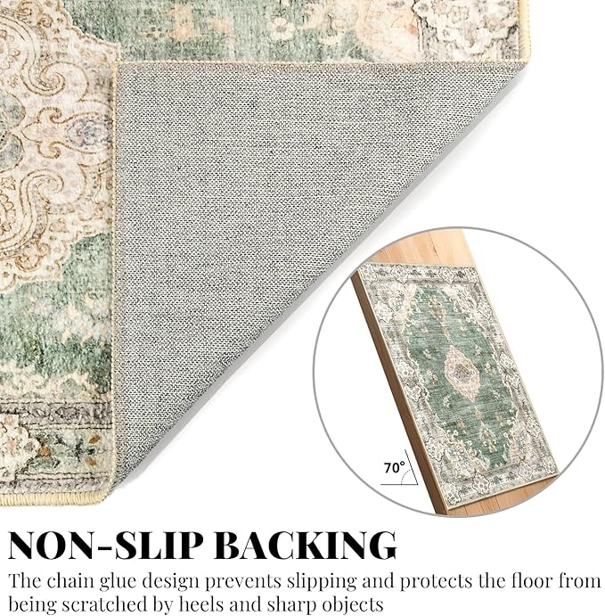 MUJOO Boho Rug 4'x6.5' Area Rugs for Bedroom Living Room Dining Room Green Small Rugs Machine Washable Non Slip Carpet for Office Dorm Bedside Kitchen Laundry Room Accent Soft Floral
