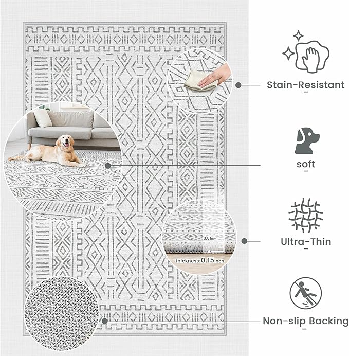 2x3 Rug Entryway Rugs: Washable Boho Small Geometric Moroccan Printed Pattern Rug Modern Indoor Soft Non Slip Ultra Thin Front Door Mat for Kitchen Bedroom (BeigeGray, 2'x3')