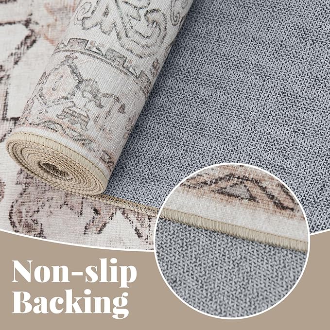jinchan Runner Rug 2x5 - Vintage Hallway Machine Washable Rug Floral Non Slip with Rubber Backing Ultra-Thin Carpet Runner for Kitchen Bedroom Laundry Room Farmhouse Entryway (2x5ft,Taupe)