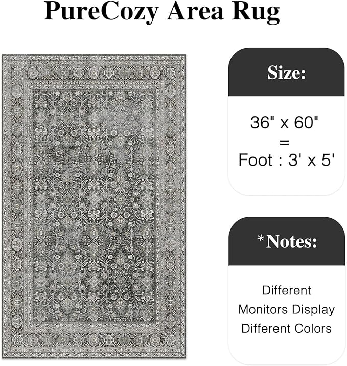 Vintage Area Rug 3x5 Black Entryway Office Washable Carpet Non Slip Bedroom Indoor Living Room Door Mat Low Pile Traditional Distressed Retro Accent Rug for Dining Room Bathroom Kitchen