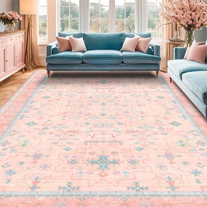 Washable Pink and Blue 9x12 Oushak Rugs for Living Room Rug Bedroom Girls, Modern Floral Aethestic Distressed Design, Soft Faux Wool Low Pile Non Slip Stain Resistance Carpet
