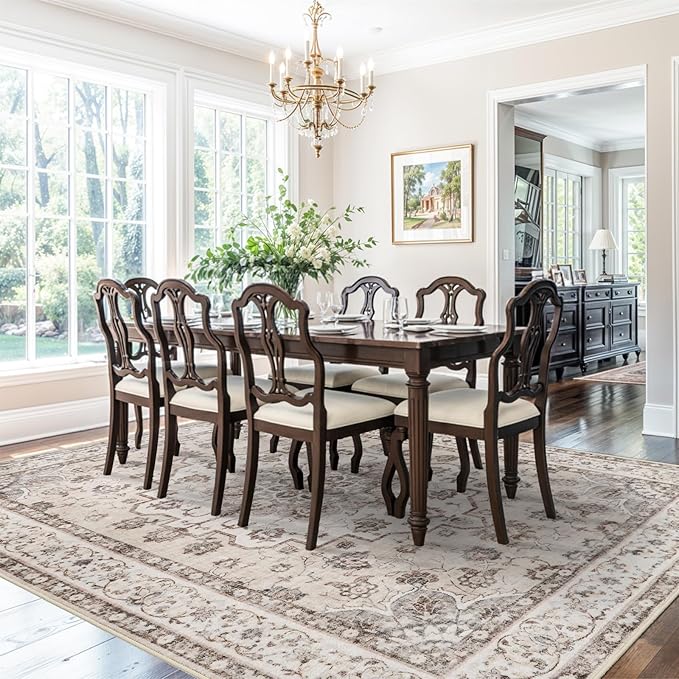Washable 9x12 Large Area Rug: Vintage Non-Slip Backing Rugs for Living Room Stain Resistant Bedroom Carpet Soft Medallion Farmhouse Floor Mat for Dining Room Home Office 9x12 Cream/Beige