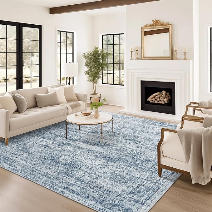 Washable Area Rug 8x10, Large Soft Rugs for Living Room Vintage Blue Rug 8x10 Area Rugs for Bedroom Dining Room Non-Slip Stain Resistant Under Table Rug
