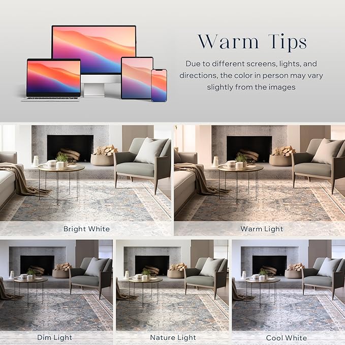 Phantoscope Vintage Collection Area Rug 6'x9' - Large Living Room Rug - Washable Rug Boho Rugs Non-Slip for Bedroom Dining Room, Low-Pile Floor Carpet Distressed Accent Rug, Dusty Blue/Multi