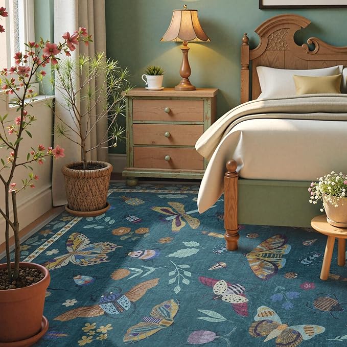 Beeiva Insect Print Bedroom Rug 8x10 Under Bed Non Slip, Foldable Washable Rugs 8x10, Soft Low Pile 8 x 10 Green Area Rug for Bedroom Large Carpet for Kids Room, Playroom, Living Room - Dark Green