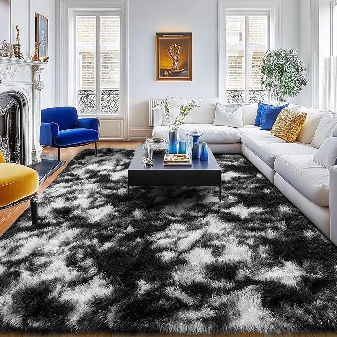 Black and White Rug for Living Room, 6x9 Fluffy Plush Area Rugs Anti-Skid Floor Carpets, Ultra Soft Modern Indoor Shag Rug for Bedroom Nursery Kids Room Dorm Home Decor Aesthetic