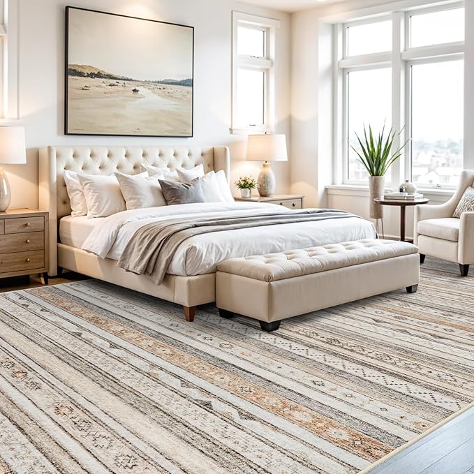 10x14 Rug for Living Room Washable, Large Striped Farmhouse Area Rugs for Bedroom Soft Ultra Thin Indoor Carpet Non Slip Stain Resistant Dining Room Rug Waterproof Southwest Style, 10x14 Beige/Multi