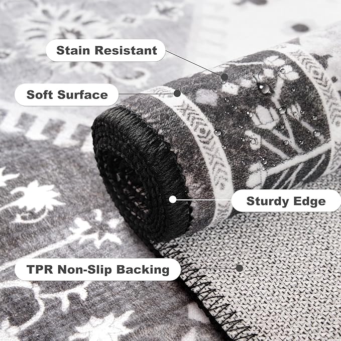 2x3 Small Washable Area Rug for Entryway, Black/Grey Boho Non-Slip Indoor Kitchen Rugs, Moroccan Floral Trellis Carpet Soft Low Pile Vintage Throw Mat for Bedroom Bathroom Front Door