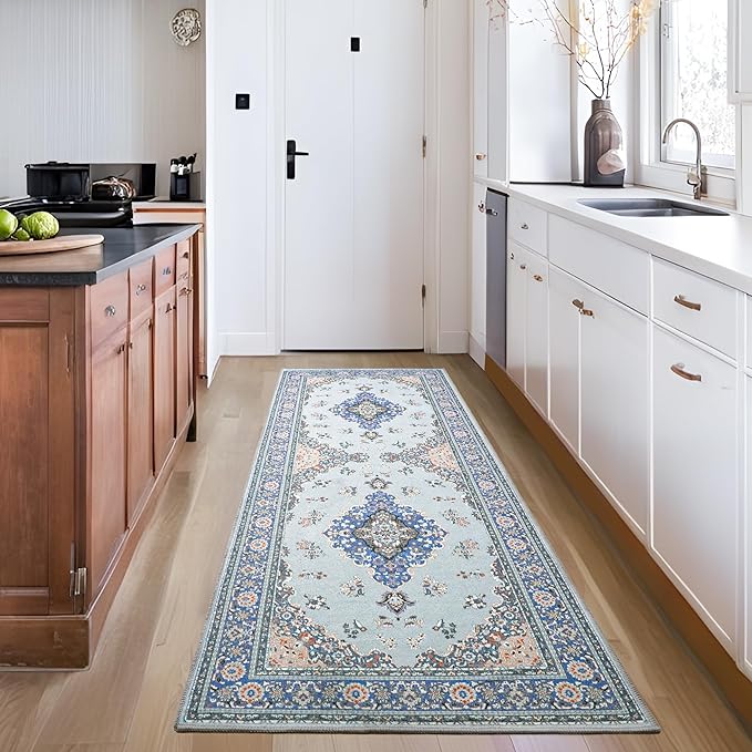 Tepook 2x6 Runner Rug for Hallway, Low Pile Washable Kitchen Rugs Runner Carpet, Non-Slip Vintage Indoor Throw Rugs for Bedroom Entryway Laundry Room Bedside Bathroom - Blue/Grey