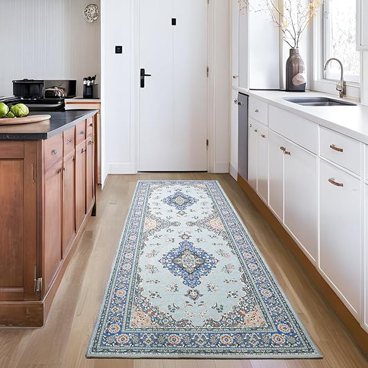 Tepook 2x6 Runner Rug for Hallway, Low Pile Washable Kitchen Rugs Runner Carpet, Non-Slip Vintage Indoor Throw Rugs for Bedroom Entryway Laundry Room Bedside Bathroom - Blue/Grey