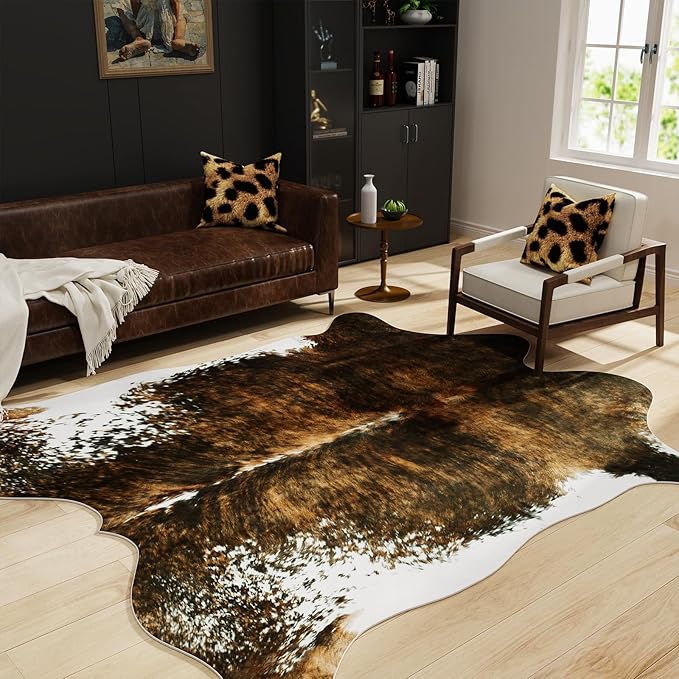 BENRON Faux Cowhide Rug, Western Cow Hide Rugs for Living Room Bedroom Home Decor, Non Slip Cute Rug with Irregular Animal Skins and Hides, Olive Green, 5.2 x 6.2ft