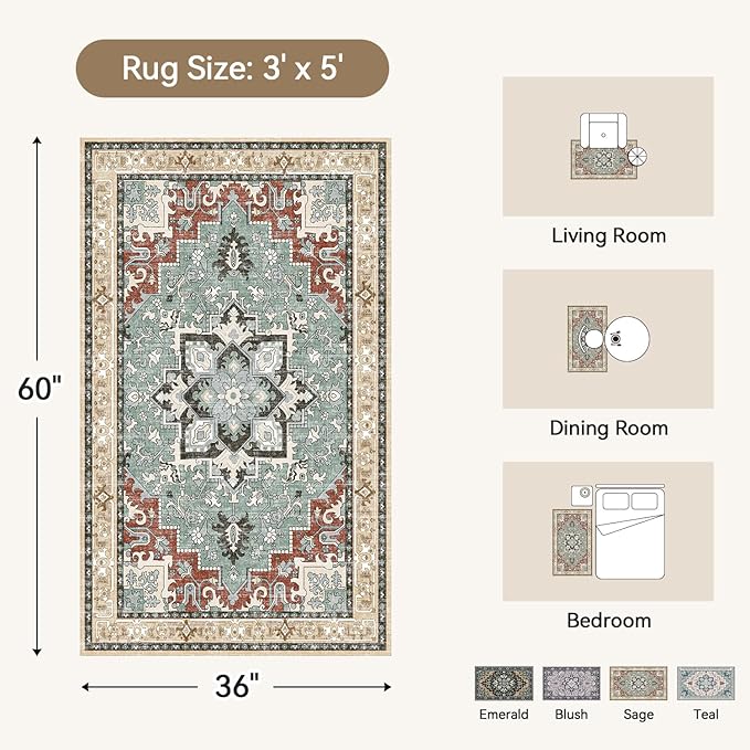3x5 Area Rug, Vintage Floral Rug for Living Room, Small Area Rugs for Bedroom, Non-Slip Washable Rug, Traditional Persian Boho Style, Fluffy Low-Pile Soft Carpet, Beige Orange