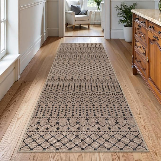 Lahome Washable Easy Jute Rug Runners for Hallways Non Slip, 2'6x8 Neutral Rugs for Kitchen Floor, Farmhouse Tribal Low Pile Indoor Outdoor Throw Carpet Runner for Entryway Stairway Porch Bathroom