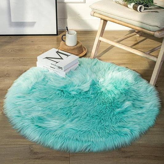 Ashler faux fur rug, Fluffy Shaggy Area Rug Ultra Soft 3 x 3 Feet Round Fur Rug, Turquoise Fuzzy Rug Machine Washable Shag Rug, Nursery Decor Throw Rugs for Bedroom, kids room, Living Room