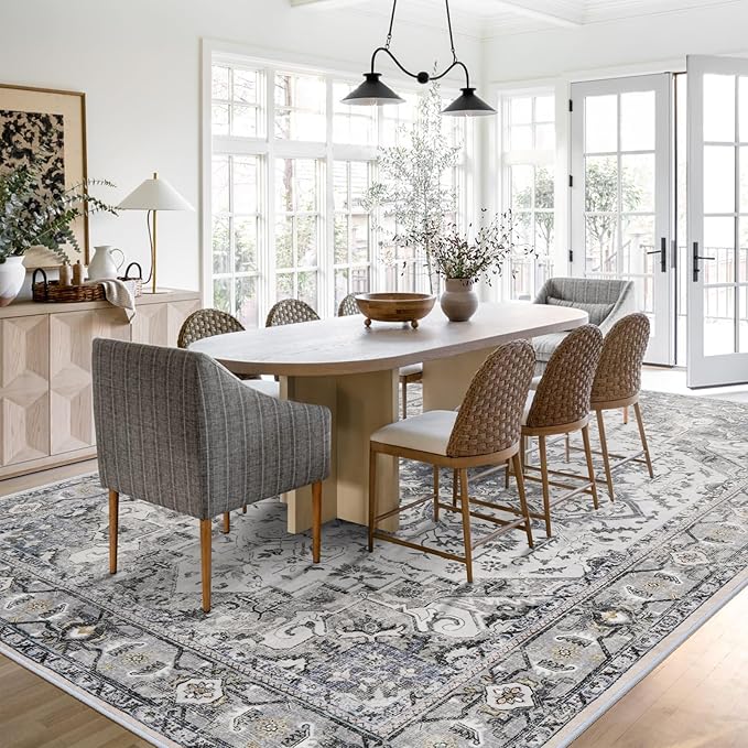 Washable Area Rug 9x12 - Living Room Farmhouse Vintage Oriental Rug Large Distressed Non-Slip Stain Resistant Carpet for Bedroom Dining Room Home Office (9x12 Grey/Blue)