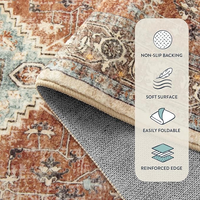 Lahome Oriental Washable Hallway Runner Rug, 2x6 Runners for Hallways Non Slip Ultra-Thin, Vintage Soft Long Carpet for Kitchen Bathroom Bedroom Laundry Room, Orange/Multi