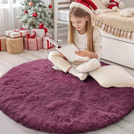OLANLY Burgundy Round Rugs for Bedroom - Machine Washable, 4x4 Feet Circle Area Rugs for Living Room, Soft and Fluffy Shaggy Carpet for Teen Girls and Boys, Dorms, Nursery Rooms, Home Decor Aesthetic