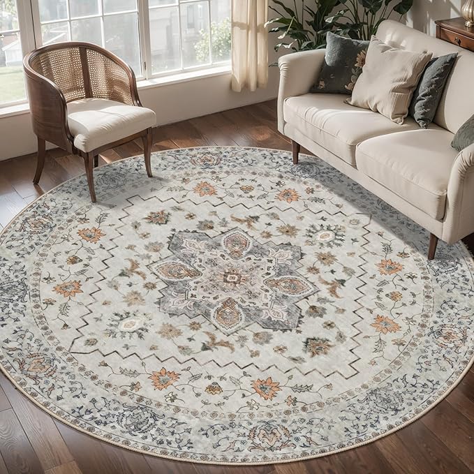 Vintage Round Rug 4ft Washable Circle Rug, Non Slip Small Boho Round Rug, Low Pile Circular Rugs, Round Carpet for Bedroom,Entryway,Nursery,Dorm,Kitchen,Taupe