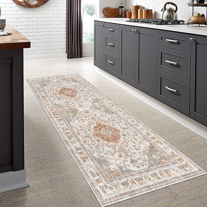 Vhong Boho Area Rugs Washable Vintage Modern Neutral Runner Carpet Brown and Grey 2×6 High Traffic Rug for Kitchen Hallway Living Room Non Slip