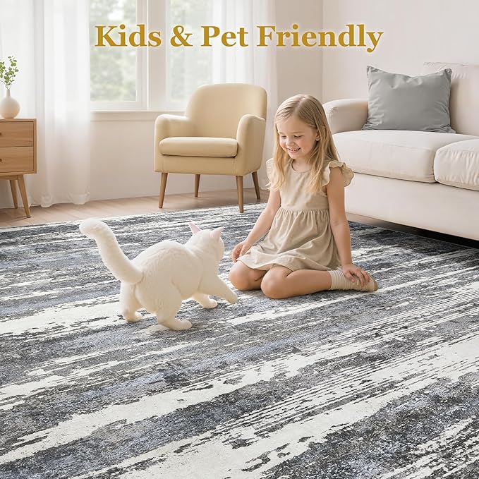 Area Rugs for Living Room: 6x9 Abstract Washable Rug Modern Neutral Large Soft Stain Resistant Non-Slip Backing Machine Table for Bedroom Dining Room Indoor Home Office Carpet - Navy/Grey