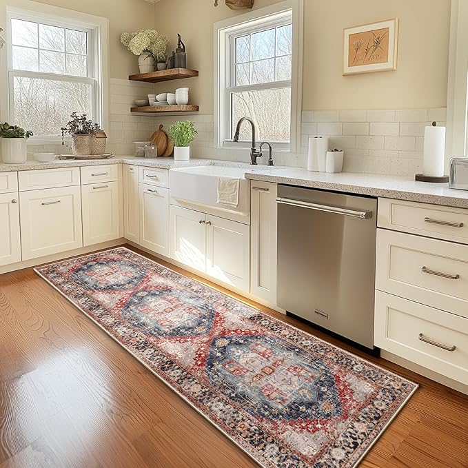 Washable 2x8 Area Rugs, Rugs for Living Room, Low-Pile Water&Stain Resistant Carpet Vintage Distressed Printed Non-Slip Carpet for Bedroom Bathroom Kitchen-Dark Red
