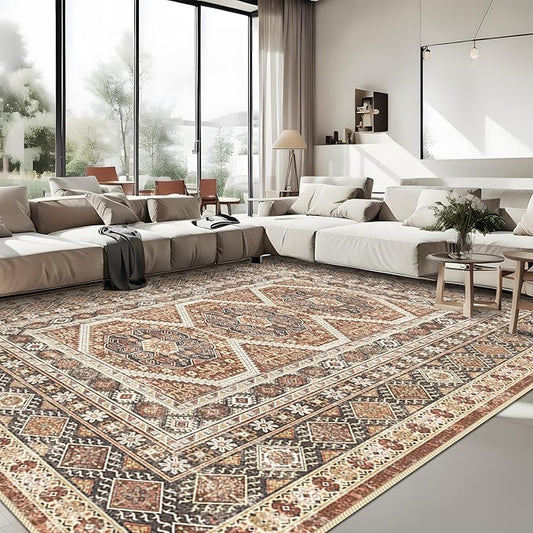 Washable Living Room Area Rug: 9x12 Large Super Soft Vintage Rugs Bedroom Oriental Indoor Rug Water Resistant Ultra Thin Carpet Non-Slip Backing Distressed Rugs for Kitchen 9x12 Brick
