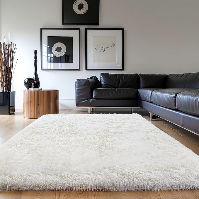 Thick Area Rug 5x7 Cream White Fluffy Shag for Girl Bedroom,Ultra Soft Plush Fuzzy Washable Thickened Non-Slip Floor Carpet,Modern Furry Shaggy Rug for Living Room Nursery Kids Boy Dorm,Ivory
